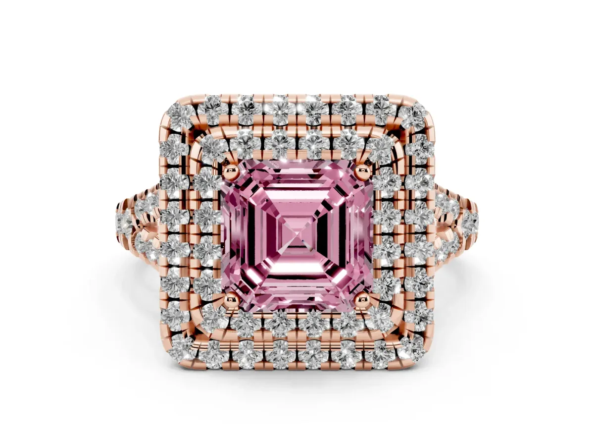 Fancy Pink Asscher Cut Diamond Double Halo Ring Set in Rose gold with Pavé Split Shank and Prong Setting