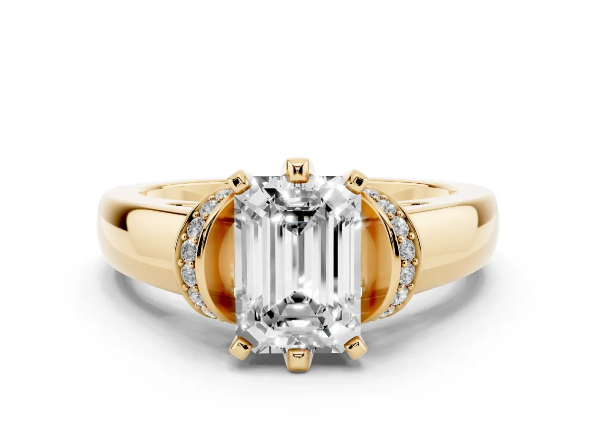 Emerald Cut Diamond Pavé Band Solitaire Ring Set in Yellow gold with Prong Setting