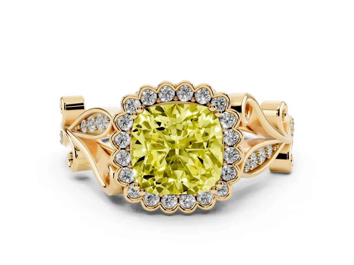 Fancy Yellow Cushion Cut Diamond Halo Ring Set in Yellow gold with Leaf Motif Split Shank and Prong Setting