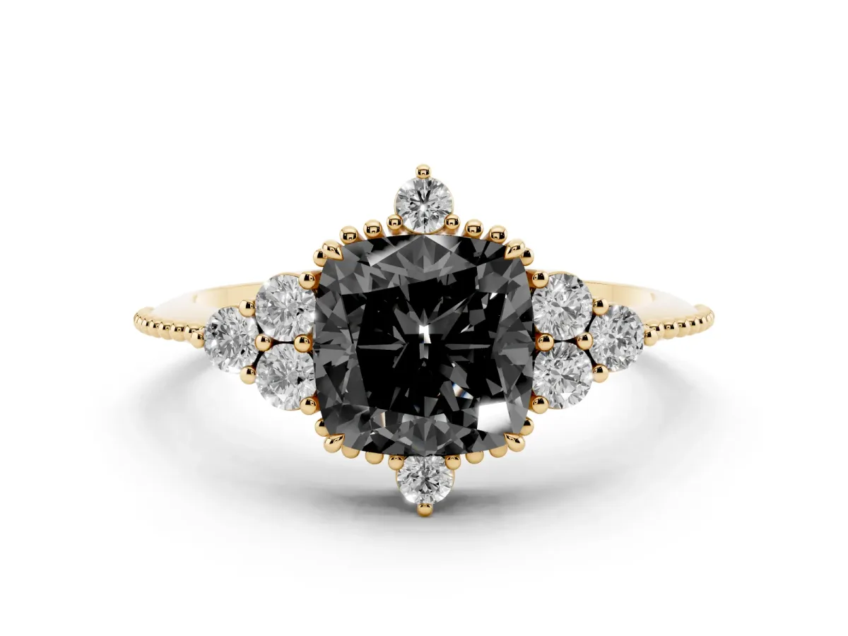 Fancy Black Cushion Cut Diamond Cluster Ring Set in Yellow gold with Beaded Band