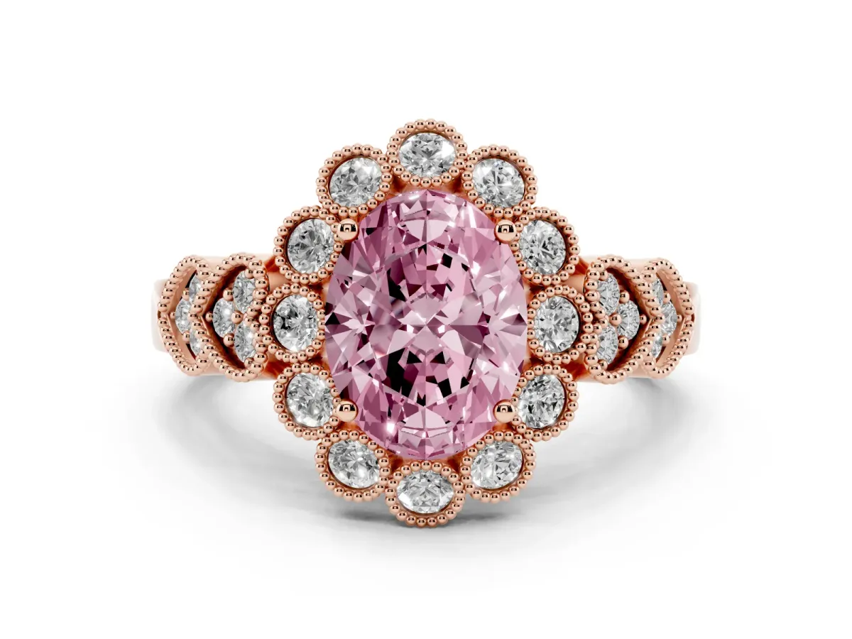 Fancy Pink Oval Cut Diamond Solitaire Ring Set in Rose gold with Milgrain Pavé Heart Band