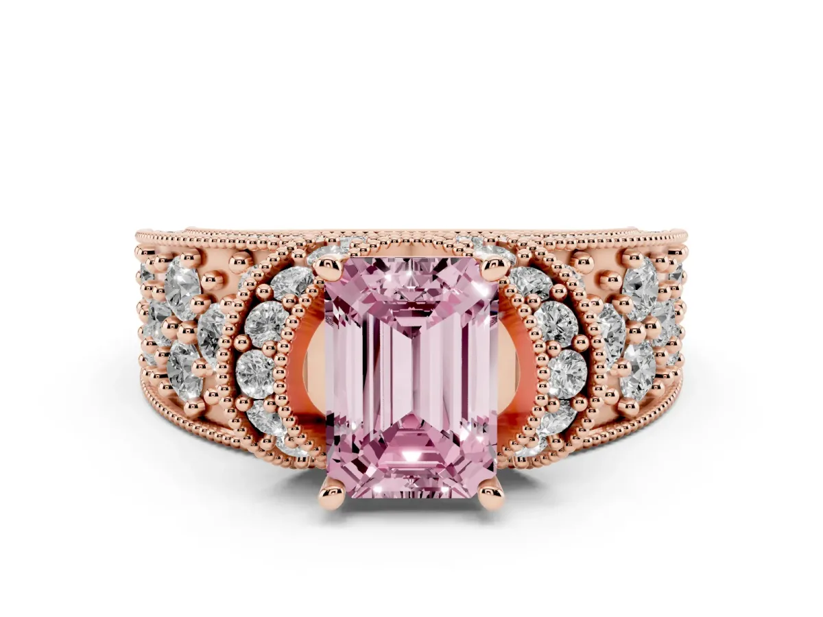 Fancy Pink Emerald Cut Diamond Milgrain Halo Pavé Engagement Ring Set in Rose gold with Prong Setting