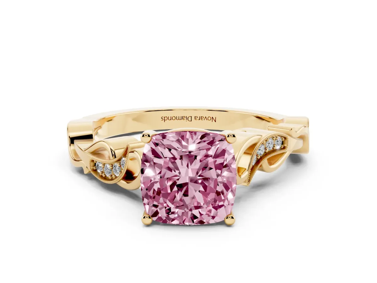Fancy Pink Cushion Cut Diamond Vine Band Solitaire Ring Set in Yellow gold with Milgrain Prong Setting