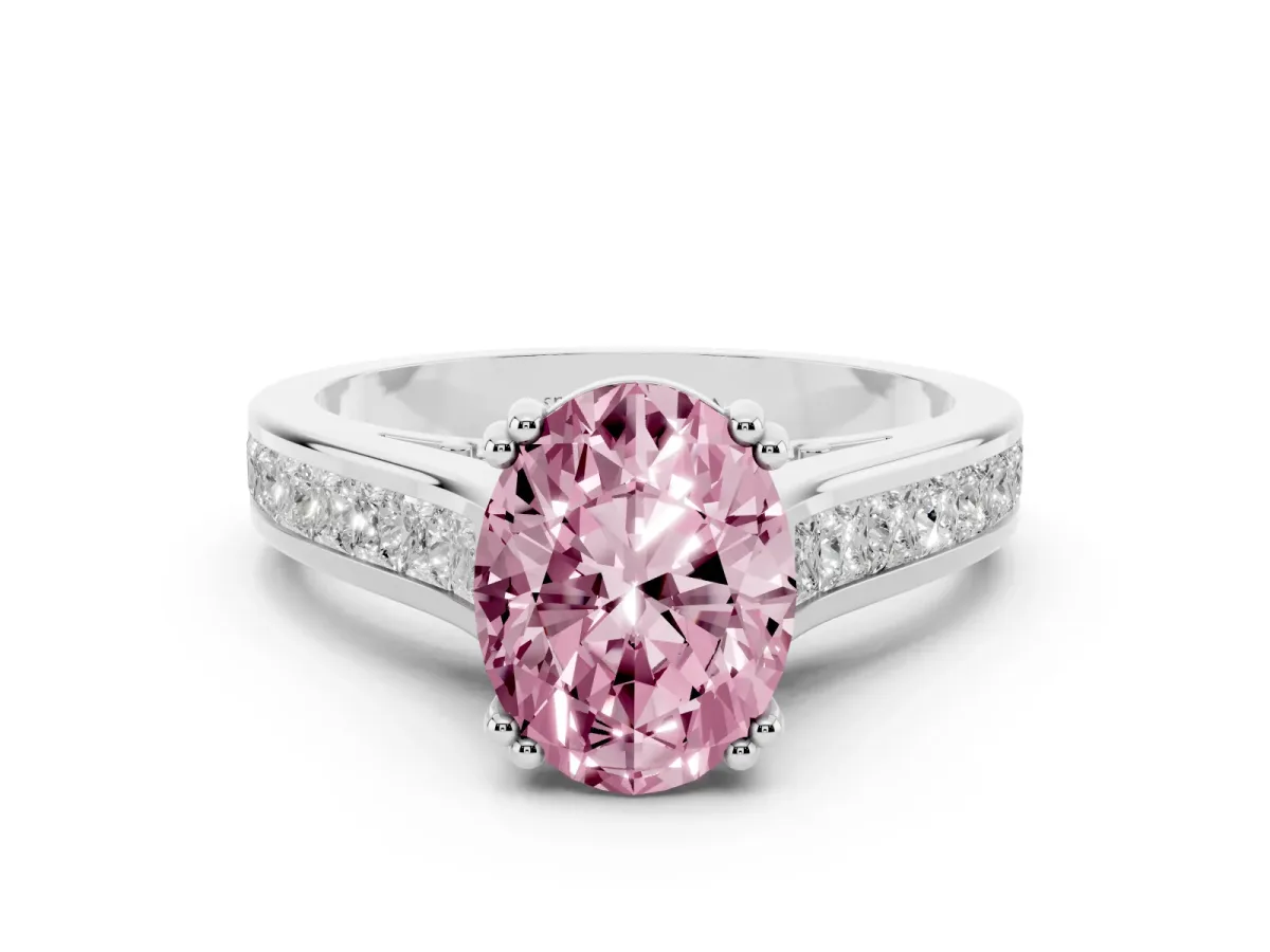 Fancy Pink Oval Cut Diamond Channel Set Solitaire Engagement Ring Set in Platinum with Prong Setting