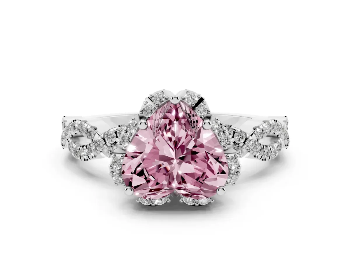 Fancy Pink Heart Cut Diamond Halo Twist Band Solitaire Ring Set in White gold with Prong-Set Center Stone
