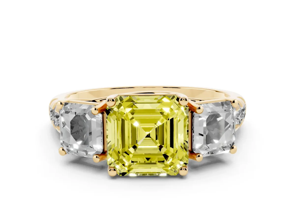 Fancy Yellow Asscher Cut Diamond Three-Stone Ring Set in Yellow gold with Pavé Band