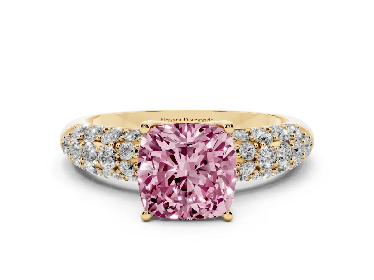 Fancy Pink Cushion Cut Diamond Pavé Band Solitaire Ring Set in Yellow gold with Close-Set Accent Stones and Prong Setting