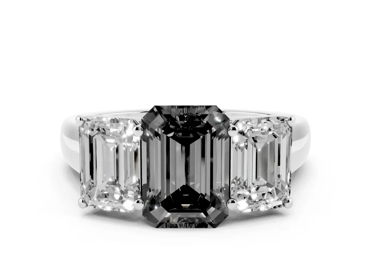 Fancy Black Emerald Cut Diamond Three-Stone Ring Set in Platinum with Plain Polished Band