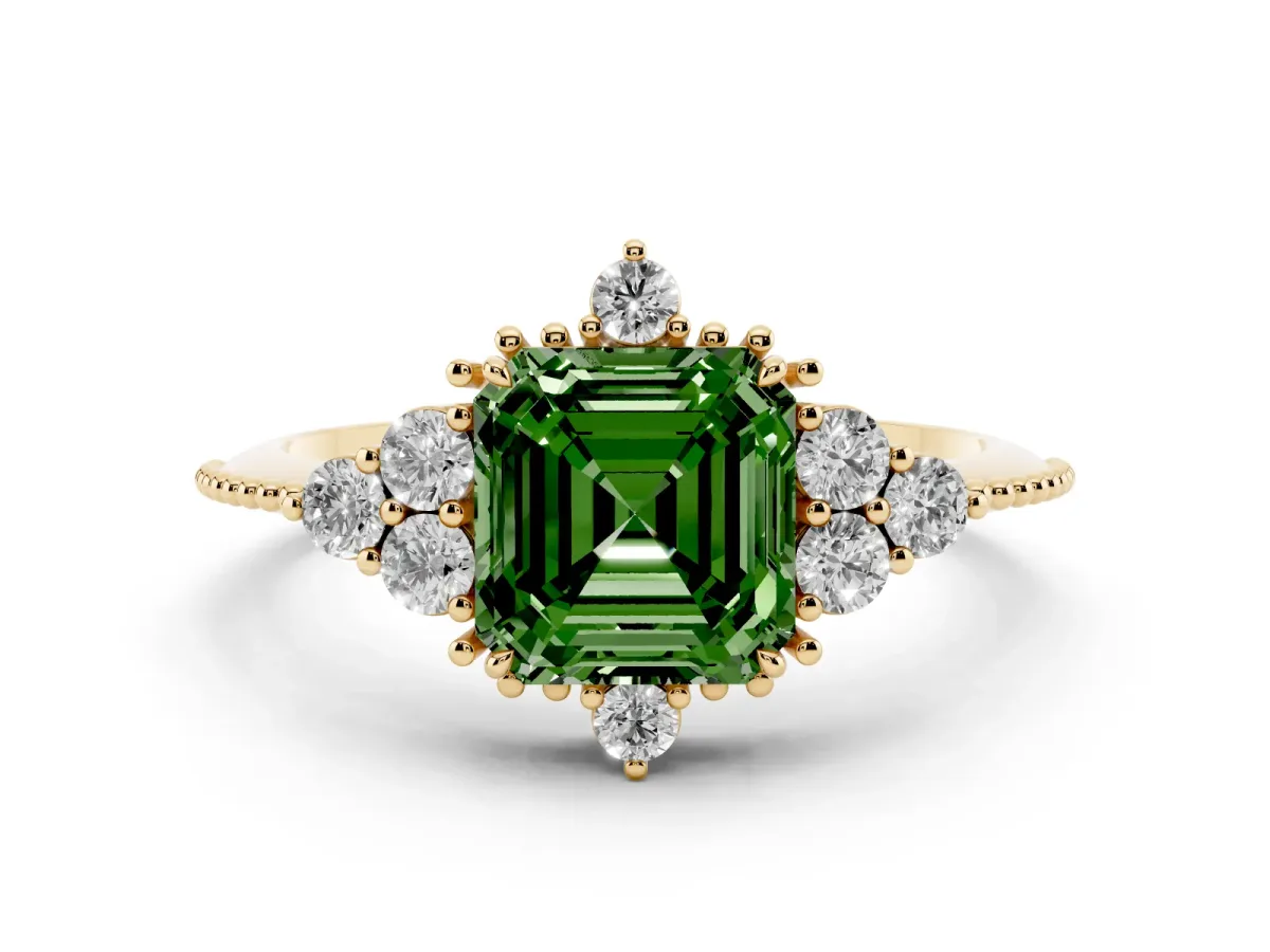 Fancy Green Asscher Cut Diamond Cluster Ring Set in Yellow gold with Beaded Band