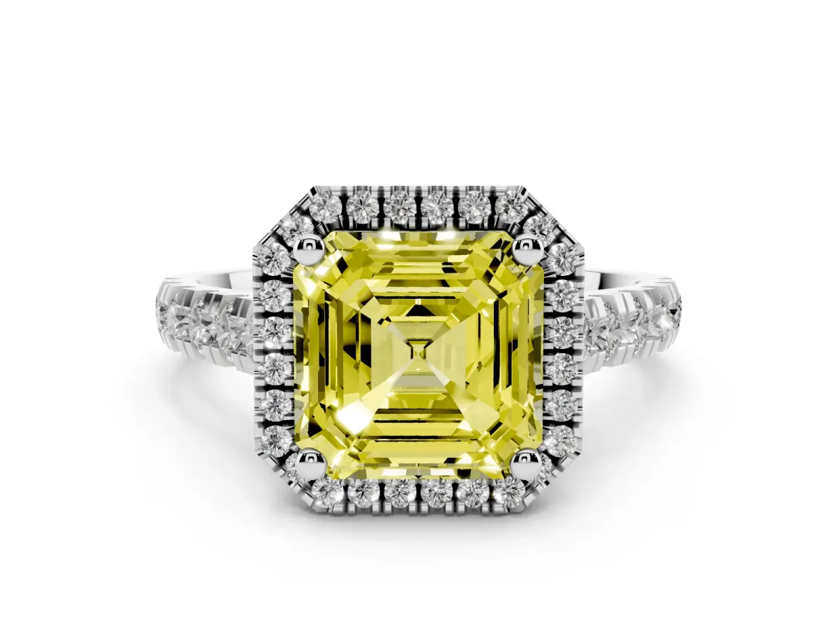 Fancy Yellow Asscher Cut Diamond Halo Engagement Ring Set in Platinum with Pavé Band and Prong-Set Center