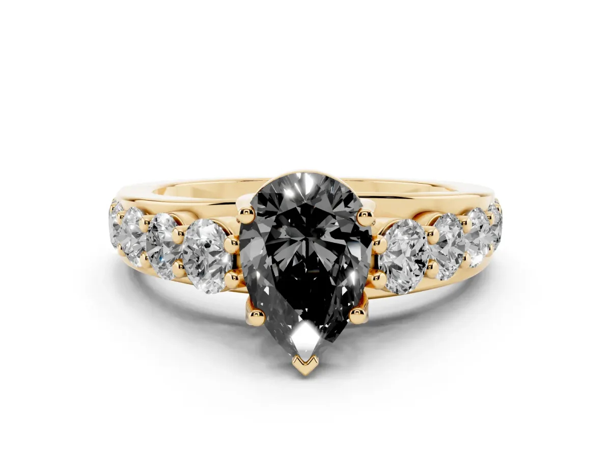 Fancy Black Pear Cut Diamond Pavé Engagement Ring Set in Yellow gold with Prong Setting
