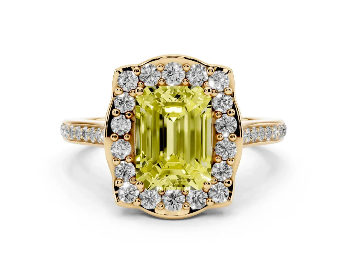 Fancy Yellow Emerald Cut Diamond Halo Ring Set in Yellow gold with Pavé-Lined Shoulders and Prong Setting