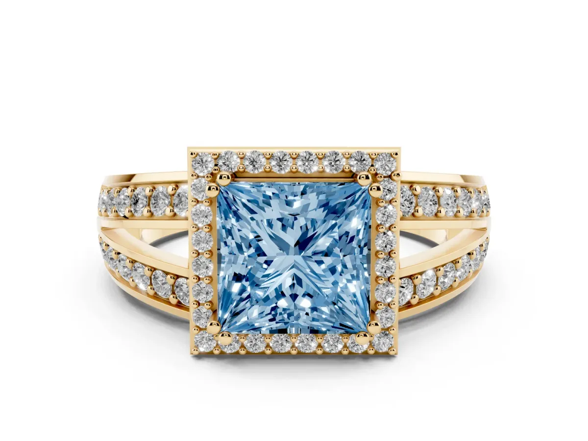 Fancy Blue Princess Cut Diamond Halo Ring Set in Yellow gold with Double Pavé Split Shank
