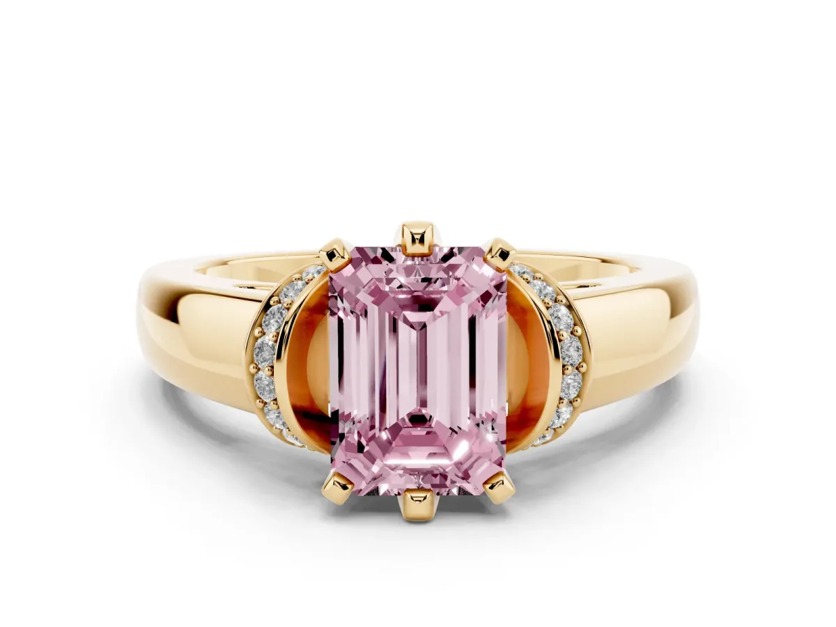 Fancy Pink Emerald Cut Diamond Pavé Band Solitaire Ring Set in Yellow gold with Prong Setting
