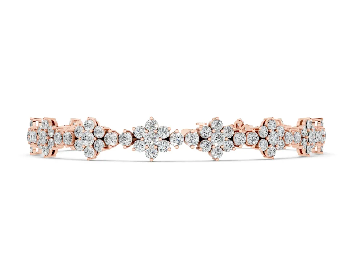 Round Diamond Floral Cluster Tennis Bracelet Set in Rose gold with Prong Setting