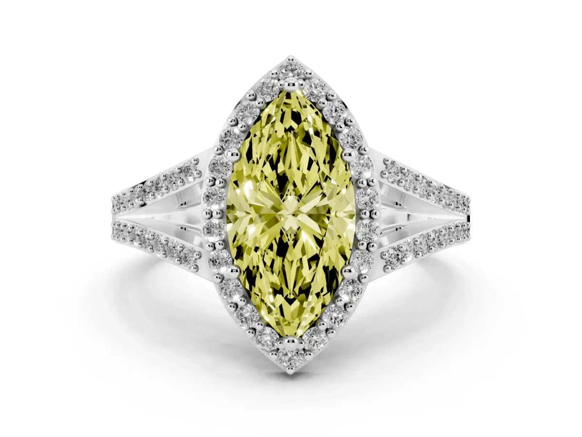 Fancy Yellow Marquise Cut Diamond Halo Split Shank Pavé Ring Set in Platinum with Prong Setting
