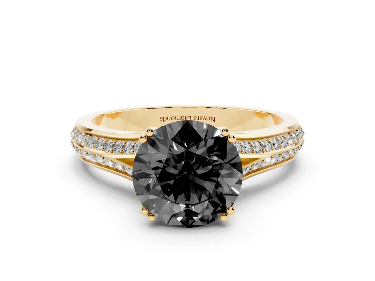 Fancy Black Round Cut Diamond Split Shank Pavé Engagement Ring Set in Yellow gold with Prong-Set Center Stone
