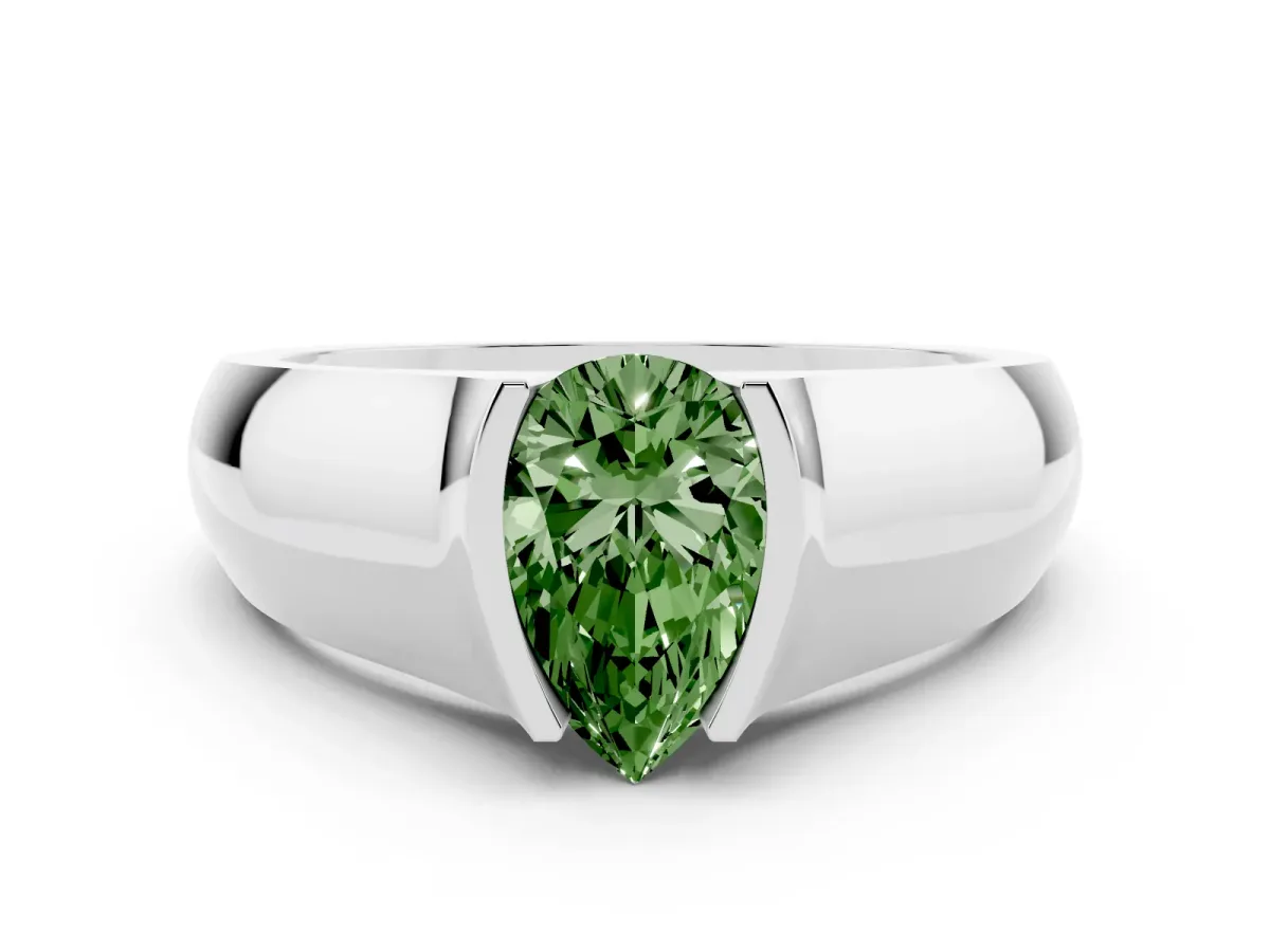 Fancy Green Pear Cut Diamond Bezel Solitaire Ring Set in Silver with Wide Band