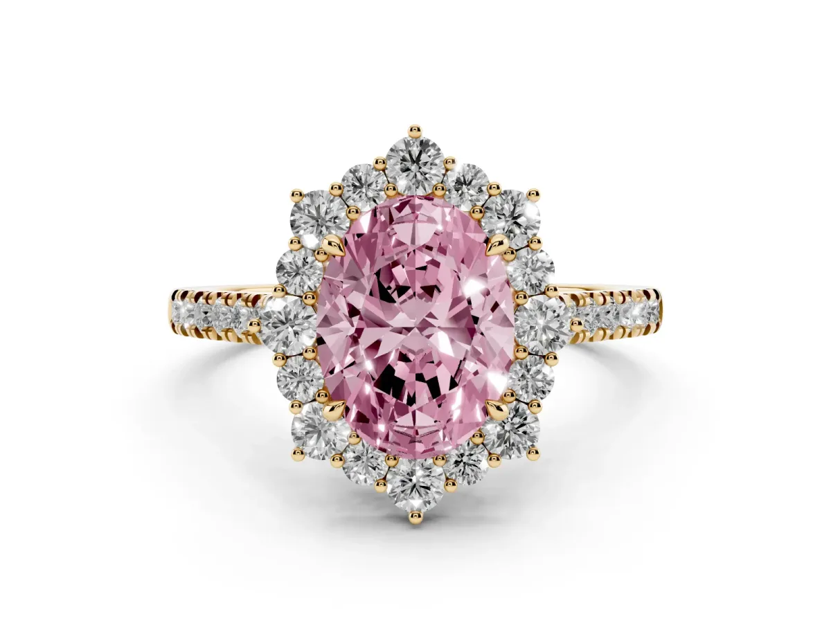 Fancy Pink Oval Cut Diamond Halo Ring Set in Yellow gold with Pavé Band and Prong Setting