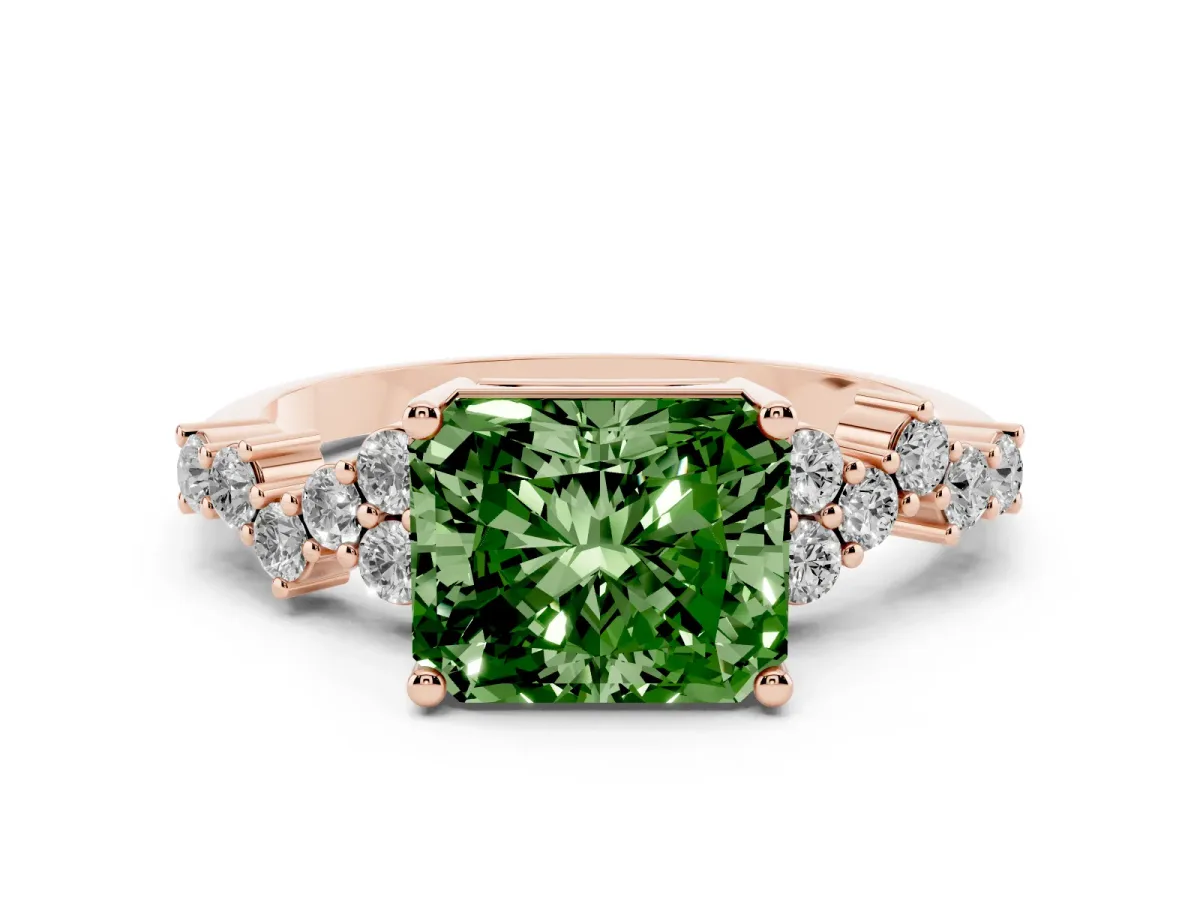 Fancy Green Radiant Cut Diamond Ring Set in Rose gold with Scattered Round Accents