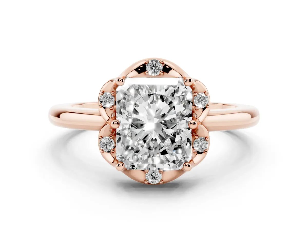 Radiant Cut Diamond Round Cluster Halo Ring Set in Rose gold with Solitaire Band and Prong Setting