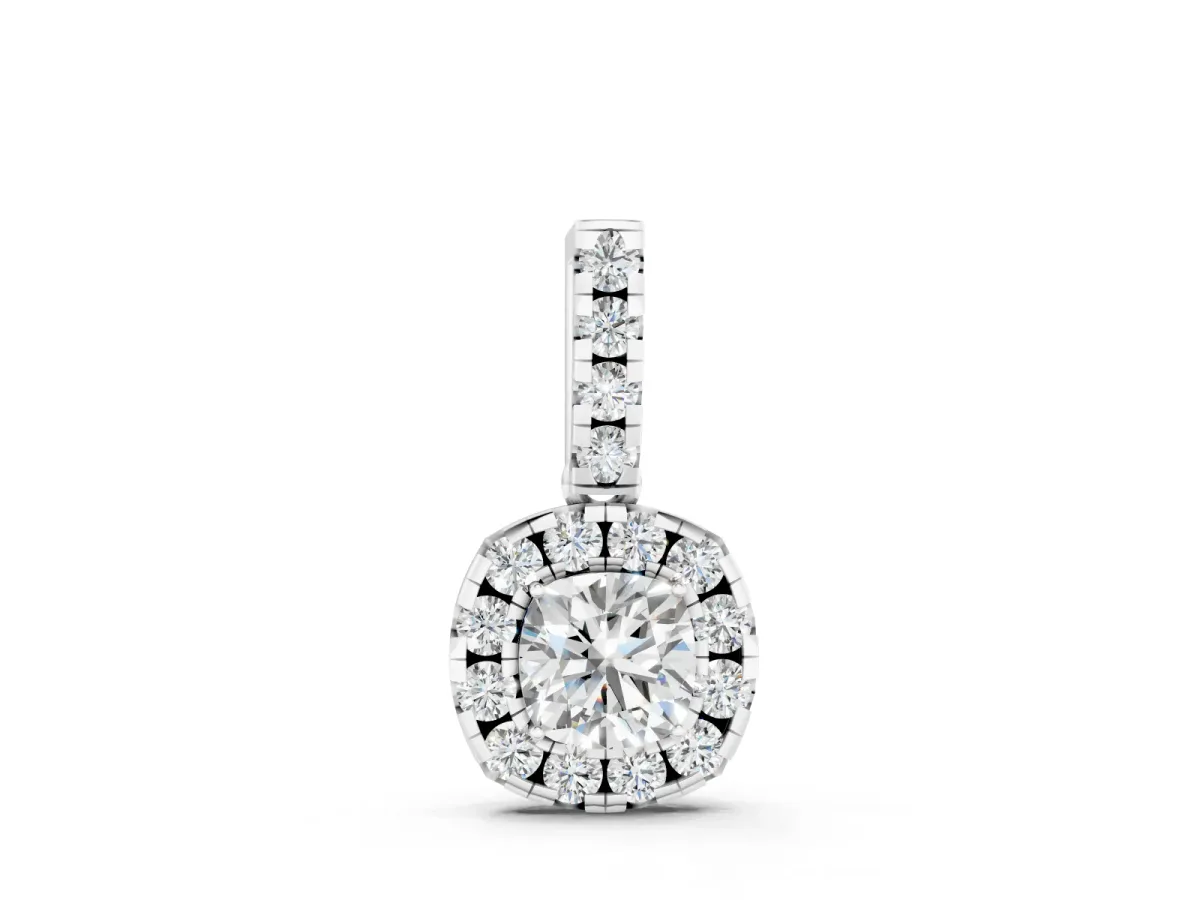 Cushion Cut Diamond Halo Pendant Set in Silver with Four-Prong Center