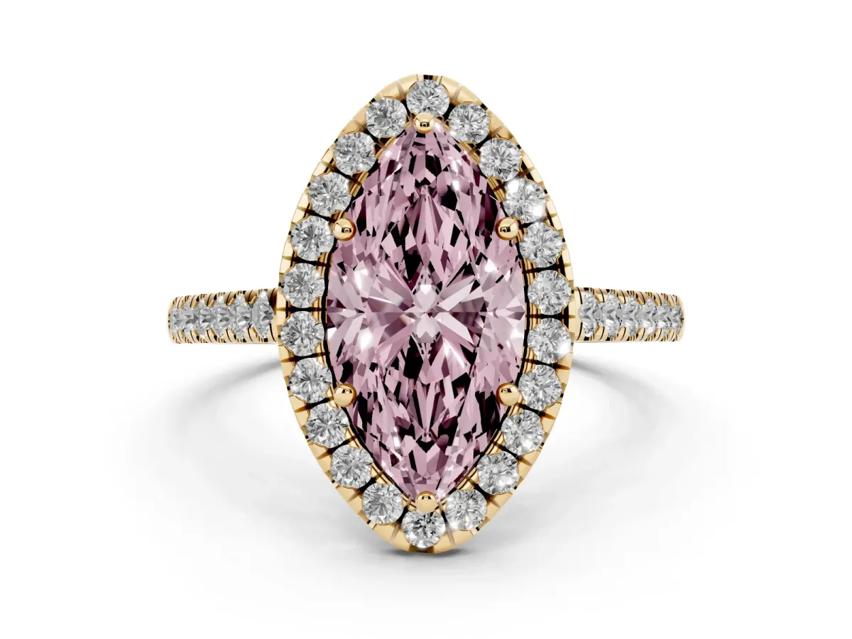 Fancy Pink Marquise Cut Diamond Halo Pavé Engagement Ring Set in Yellow gold with Prong Setting