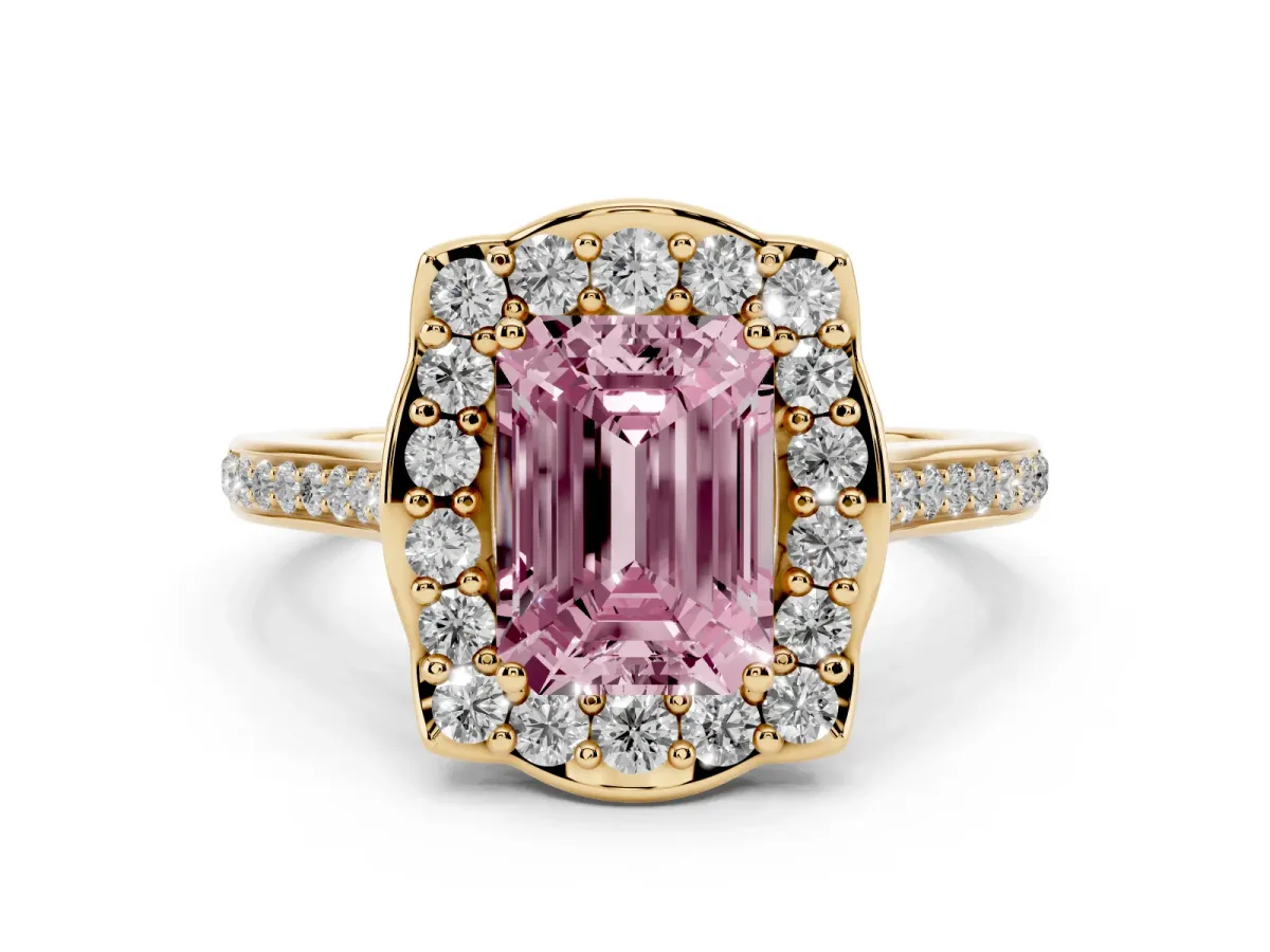 Fancy Pink Emerald Cut Diamond Halo Ring Set in Yellow gold with Pavé-Lined Shoulders and Prong Setting