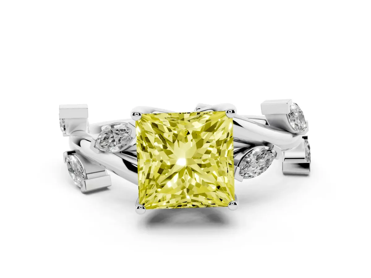 Fancy Yellow Princess Cut Diamond Solitaire Ring Set in Platinum with Twisted Marquise Accent Band
