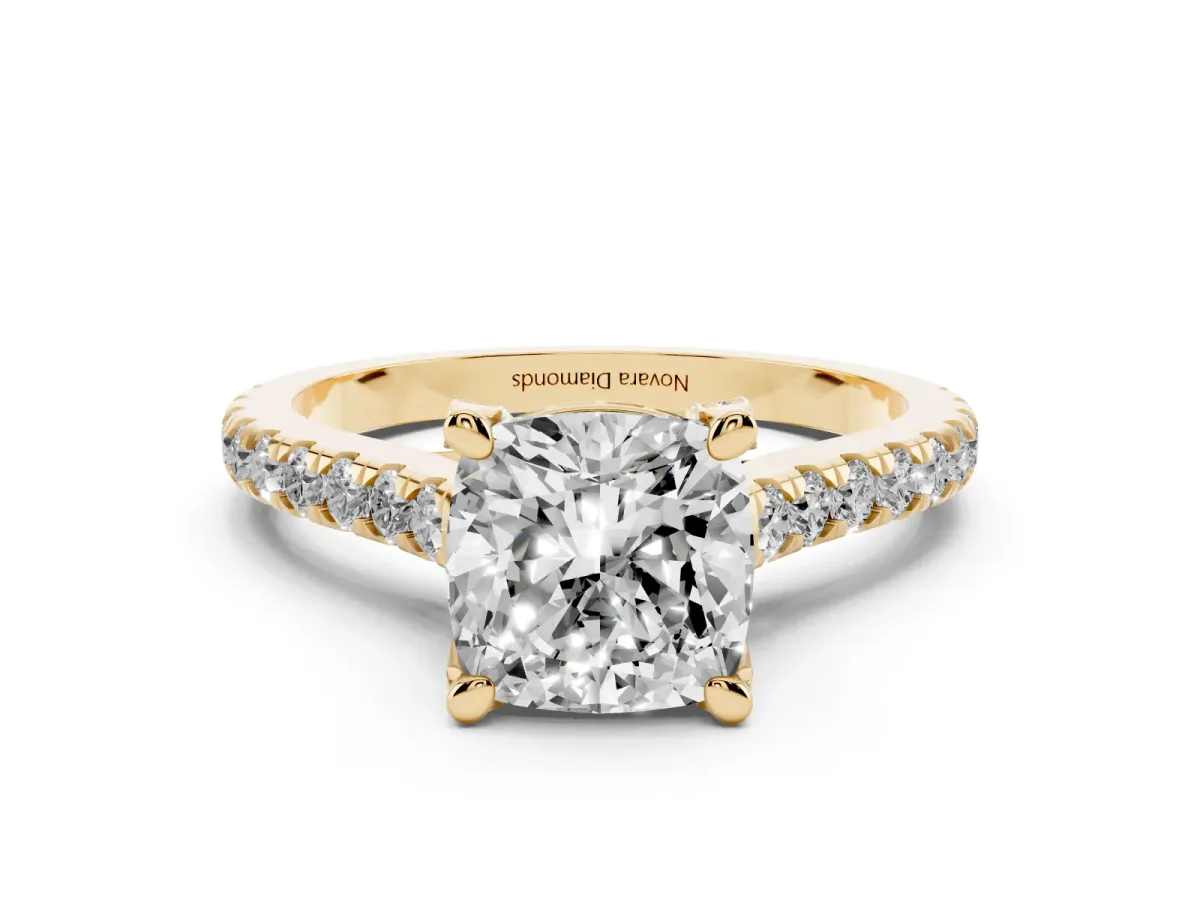 Cushion Cut Diamond Solitaire Ring Set in Yellow gold with Brilliant Pavé Band and Prong Setting