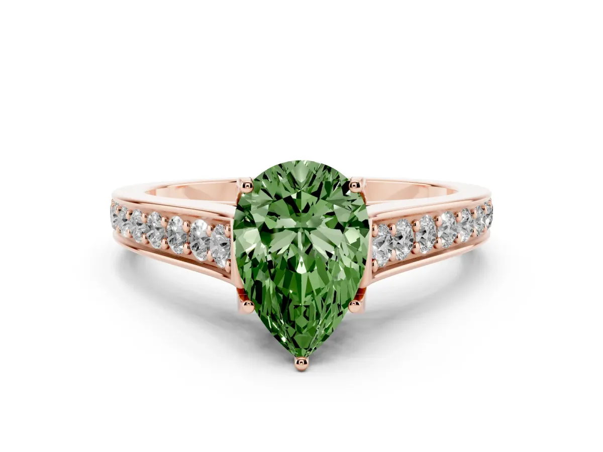 Fancy Green Pear Cut Diamond Solitaire Pavé Engagement Ring Set in Rose gold with Prong Setting