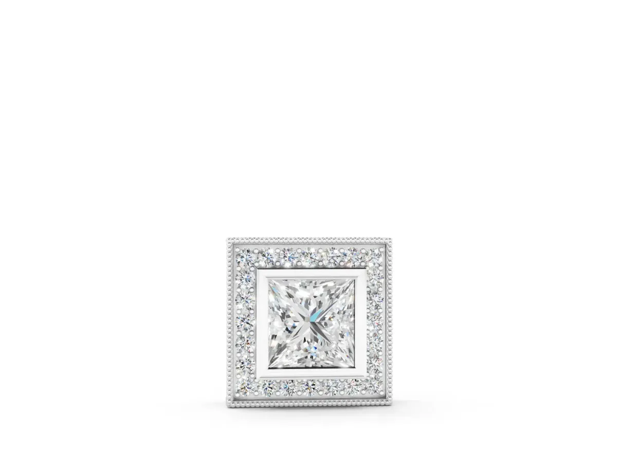 Princess Cut Diamond Halo Pendant Set in White gold with Bezel-Set Center