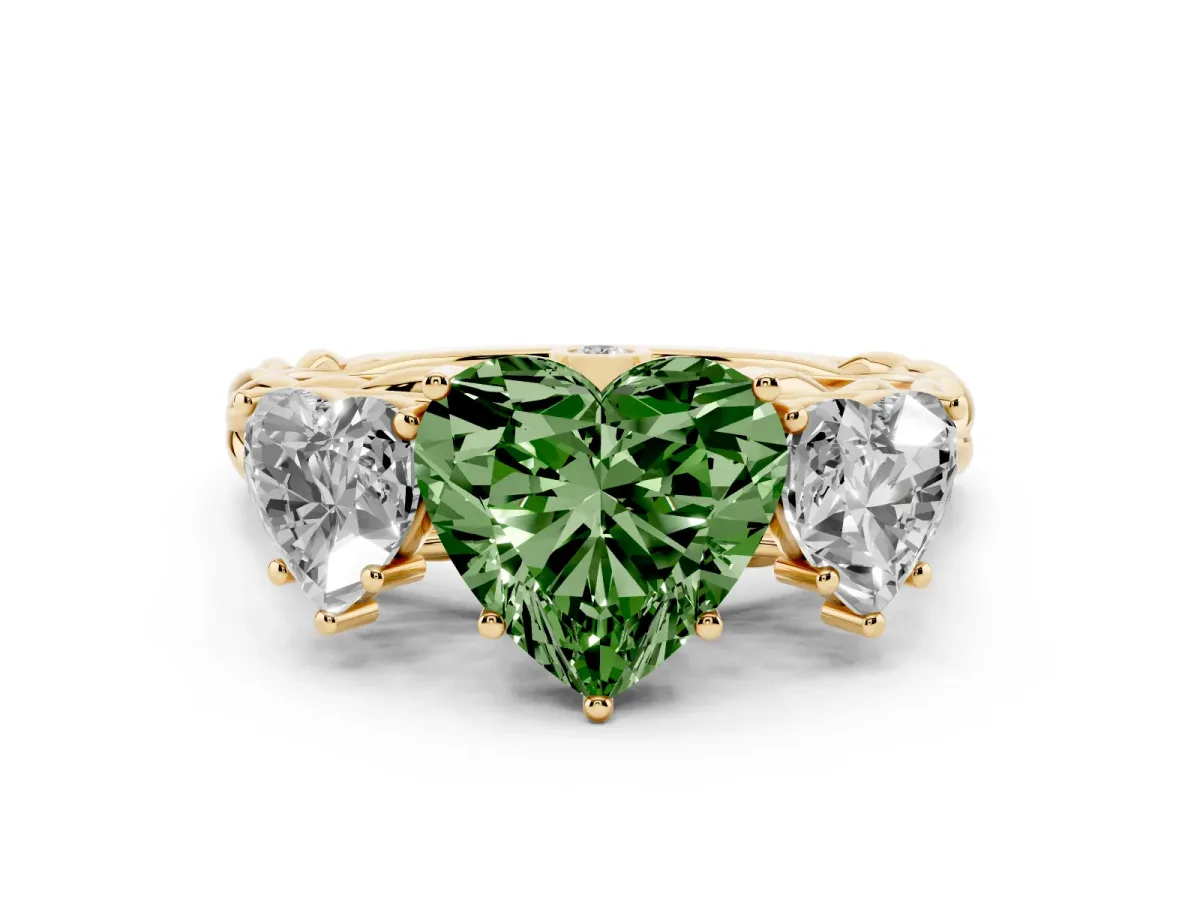 Fancy Green Heart Cut Diamond Three-Stone Ring Set in Yellow gold with Braided Band