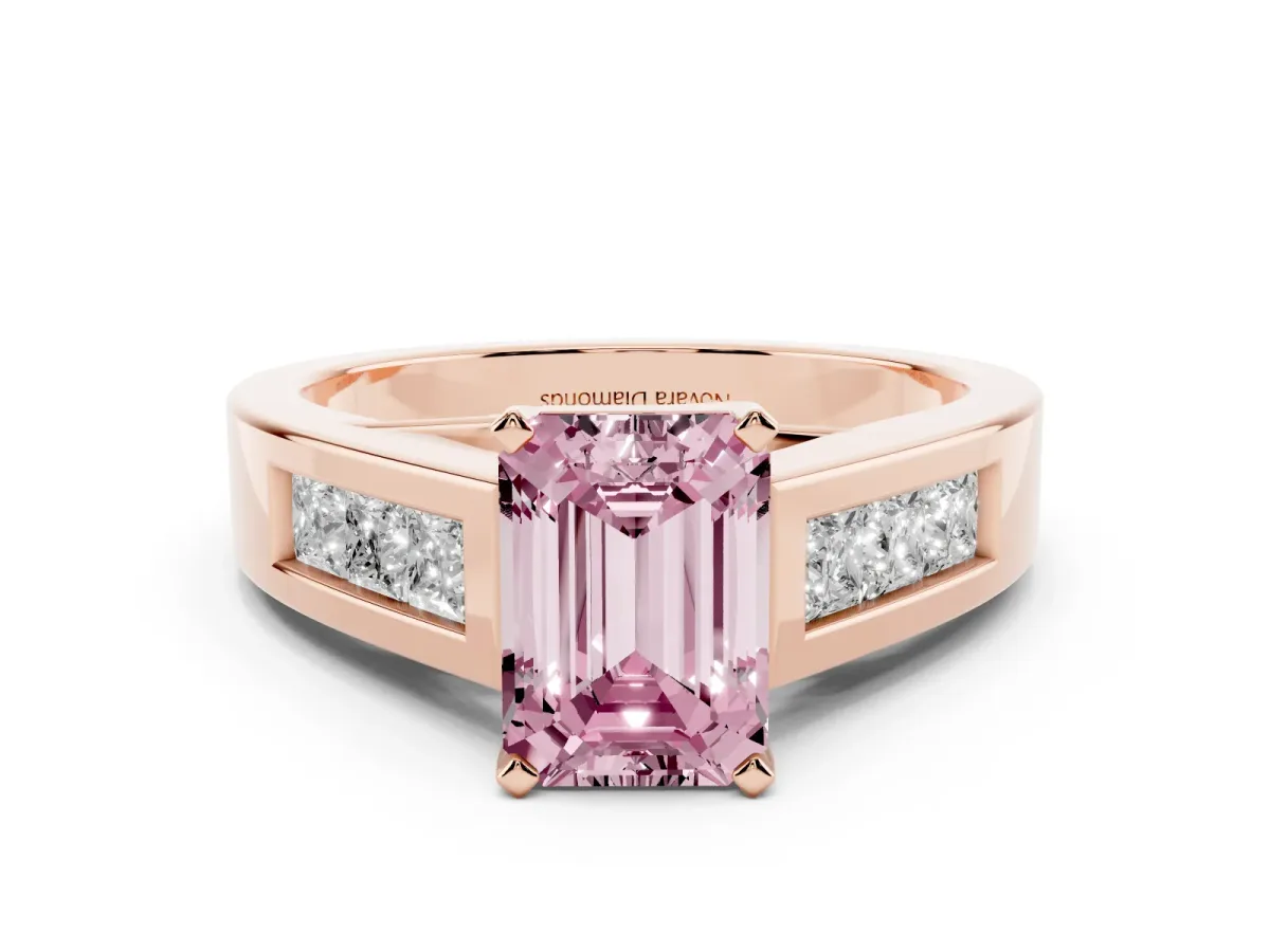 Fancy Pink Emerald Cut Diamond Solitaire Ring Set in Rose gold with Channel-Set Accent Stones and Prong Setting