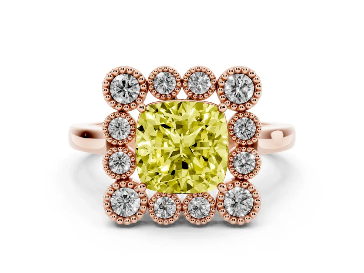 Fancy Yellow Cushion Cut Diamond Cluster Halo Ring Set in Rose gold with Milgrain Bezel Accents and Plain Band