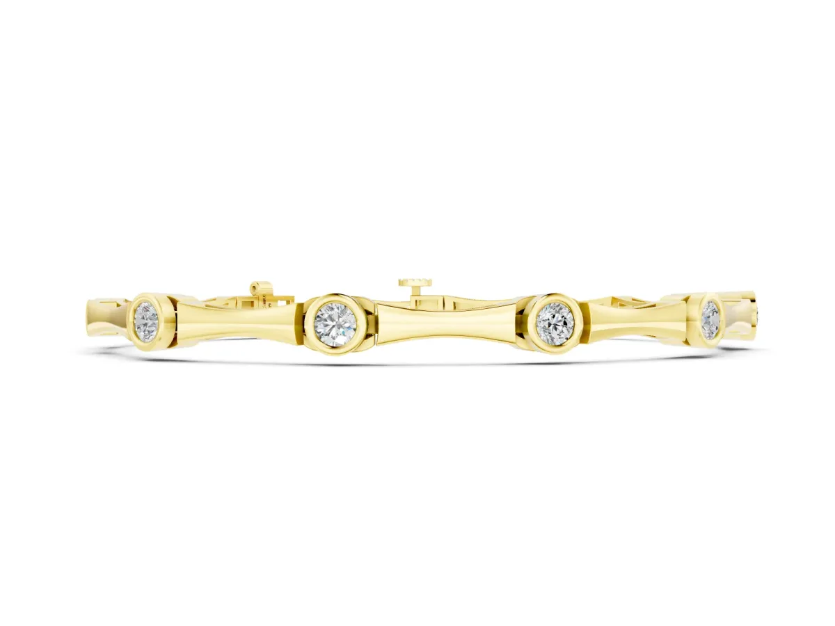 Round Diamond Bezel-Set Bamboo Link Bracelet Set in Yellow gold