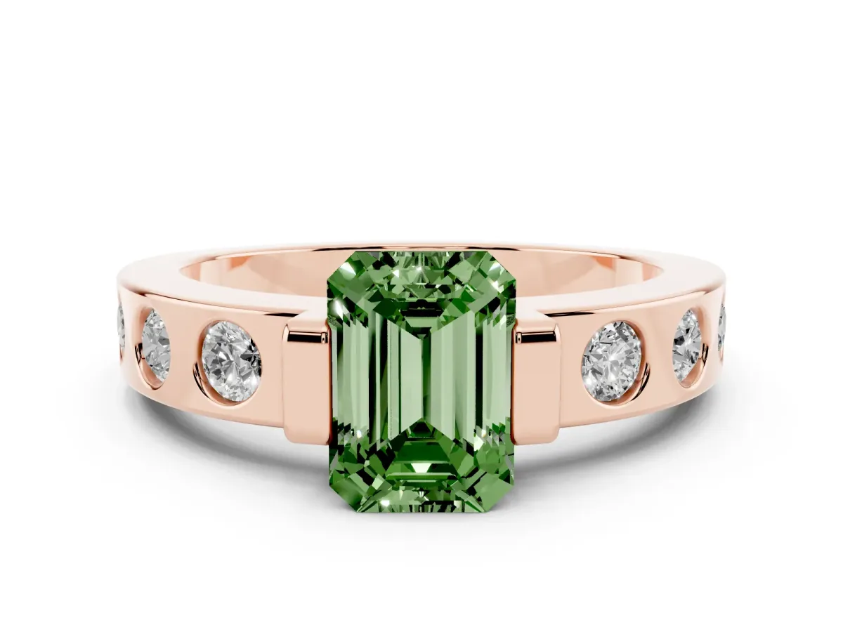 Fancy Green Emerald Cut Diamond Channel-Set Band Ring Set in Rose gold with Bezel Prong Setting