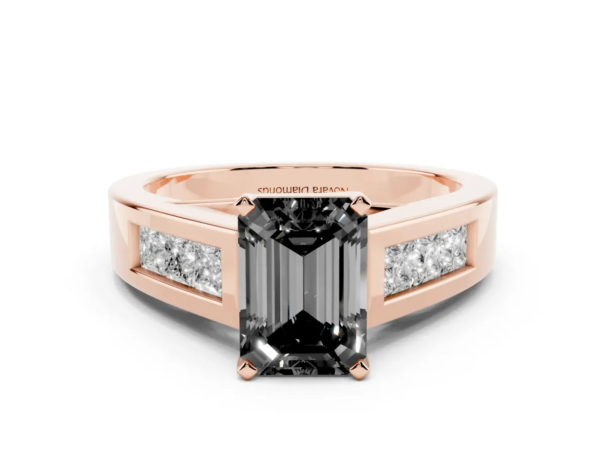 Fancy Black Emerald Cut Diamond Solitaire Ring Set in Rose gold with Channel-Set Accent Stones and Prong Setting