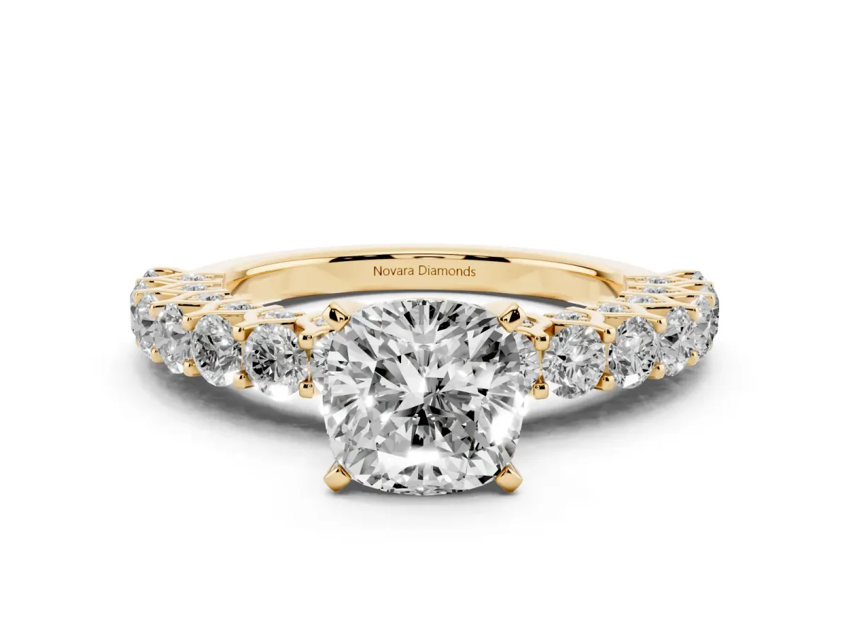 Cushion Cut Diamond Solitaire Ring Set in Yellow gold with Shared Prong Pavé Band