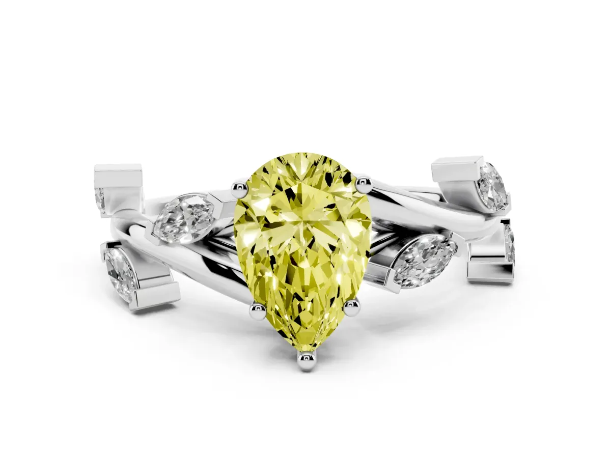 Fancy Yellow Pear Cut Diamond Solitaire Ring Set in Silver with Twisted Marquise Accent Band