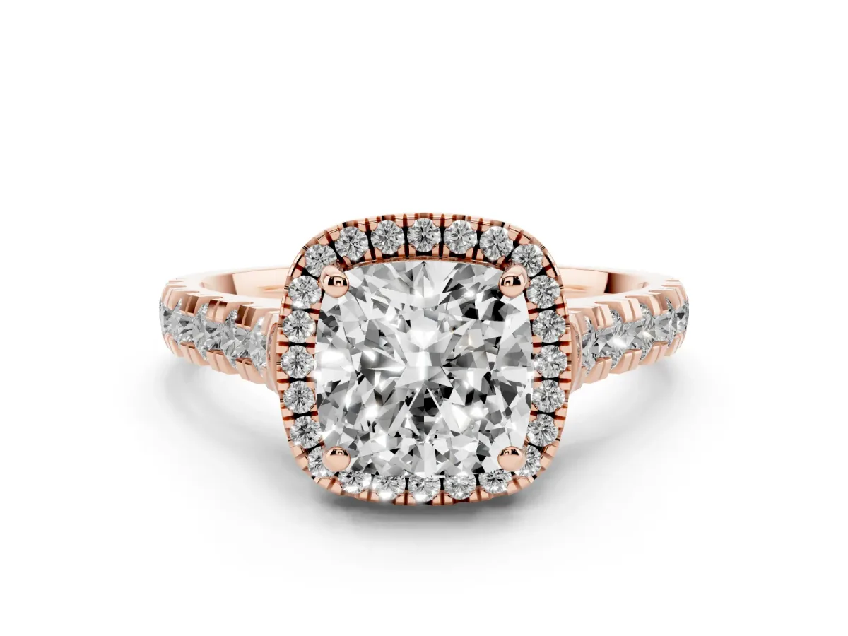 Cushion Cut Diamond Halo Engagement Ring Set in Rose gold with Pavé Band and Prong-Set Center