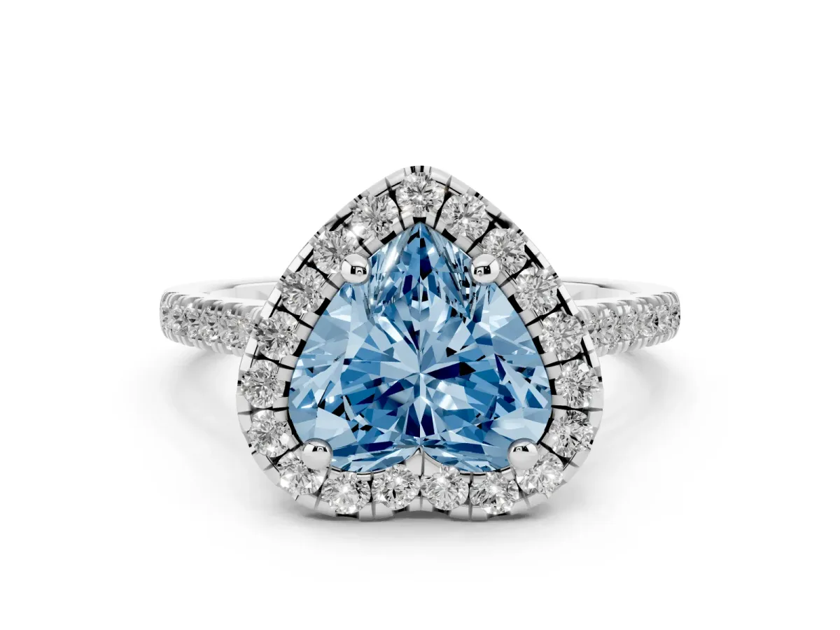 Fancy Blue Heart Cut Diamond Cushion Halo Ring Set in Platinum with Pavé Band