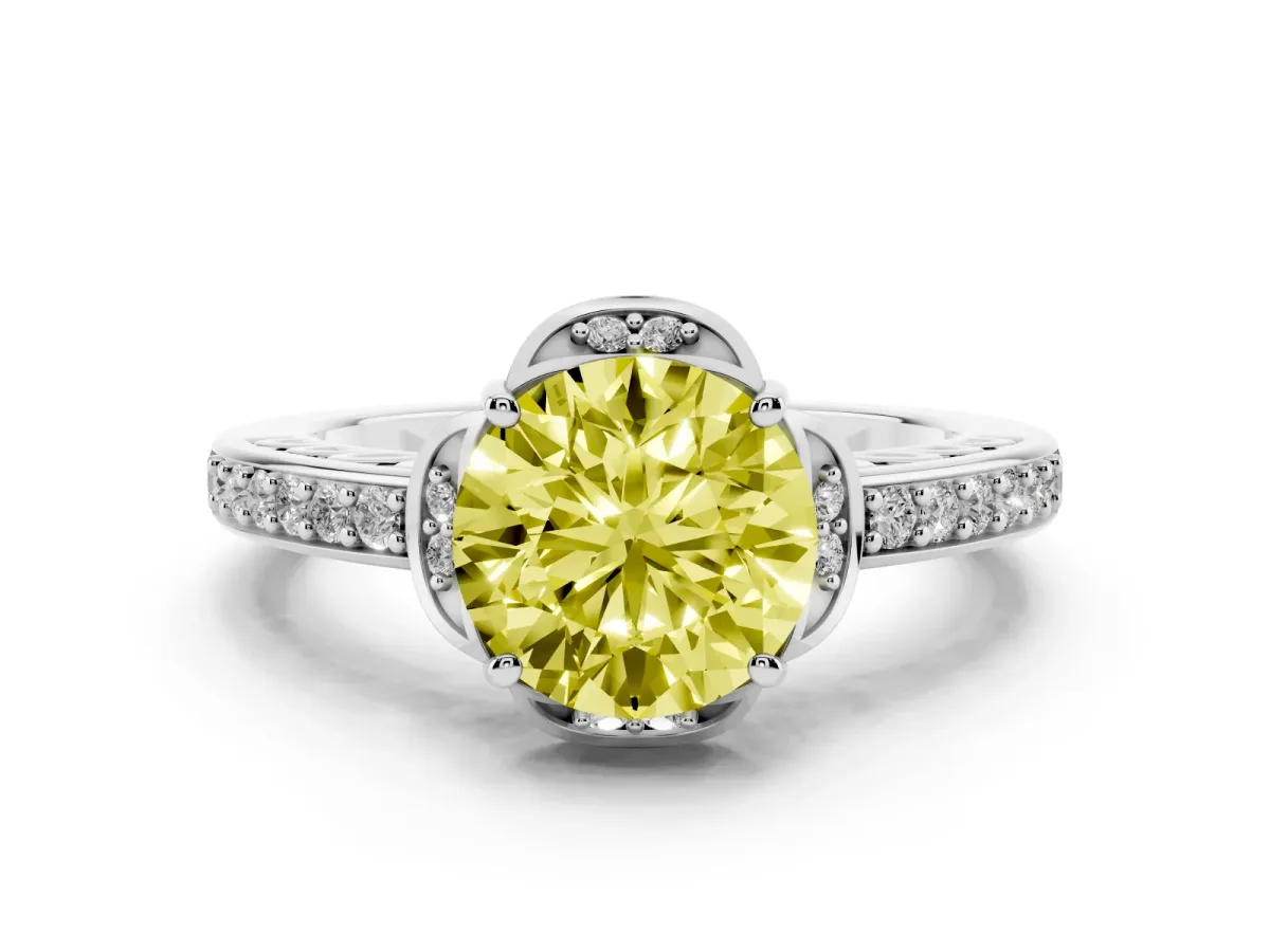Fancy Yellow Round Cut Diamond Halo Ring Set in White gold with Channel Set Band and Prong Setting