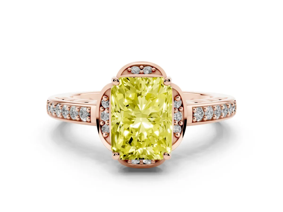 Fancy Yellow Radiant Cut Diamond Halo Ring Set in Rose gold with Channel Set Band and Prong Setting