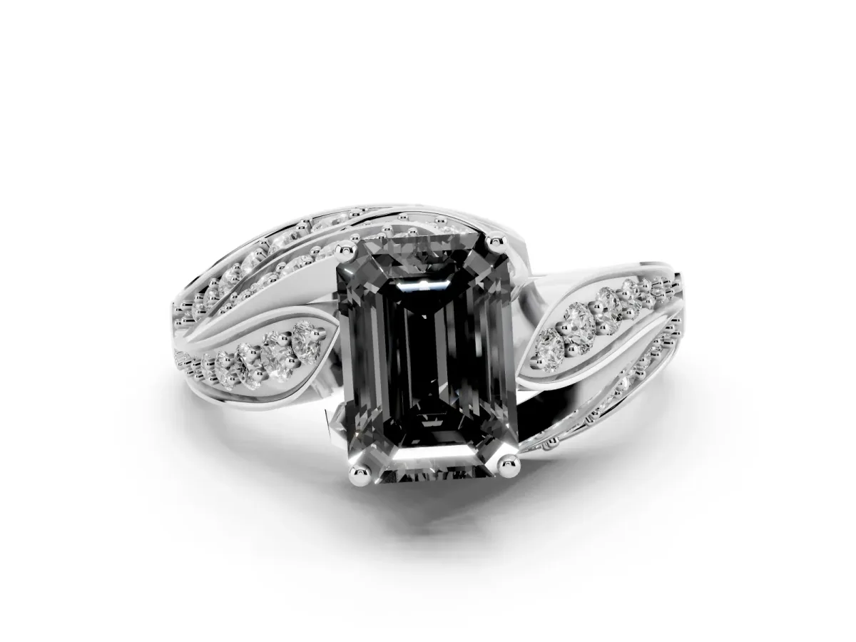 Fancy Black Emerald Cut Diamond Solitaire Ring Set in Silver with Layered Twist Pavé Band