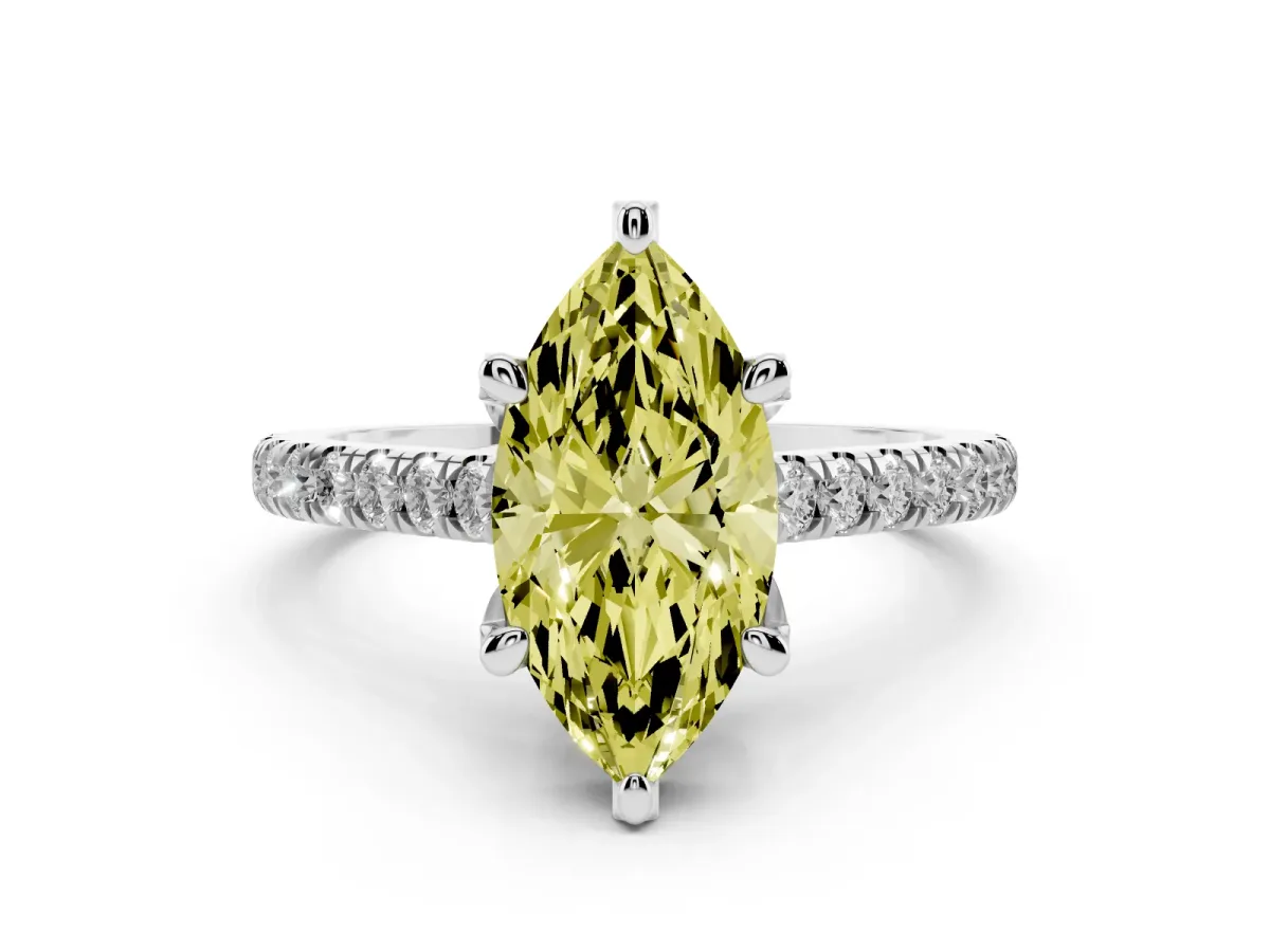 Fancy Yellow Marquise Cut Diamond Solitaire Ring Set in Platinum with Brilliant Pavé Band and Prong Setting