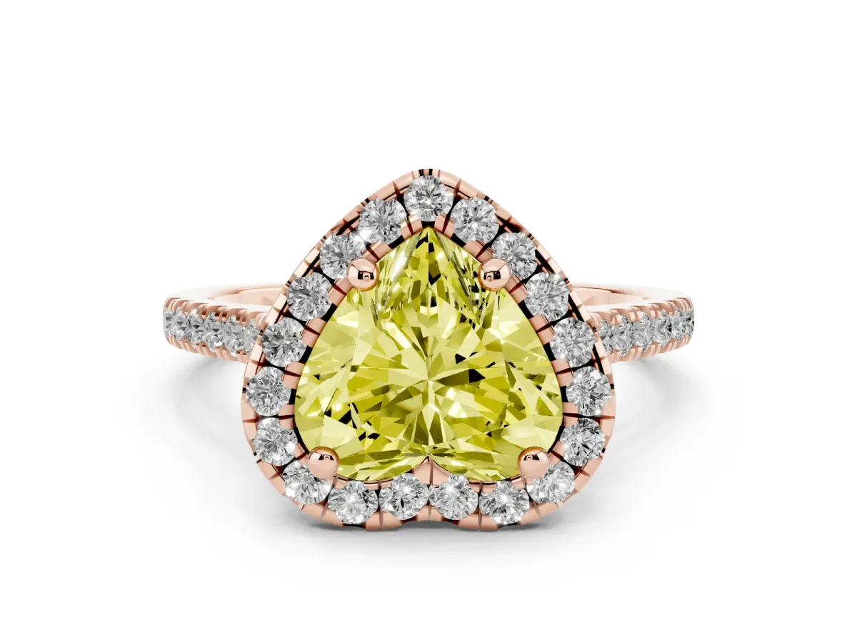 Fancy Yellow Heart Cut Diamond Cushion Halo Ring Set in Rose gold with Pavé Band