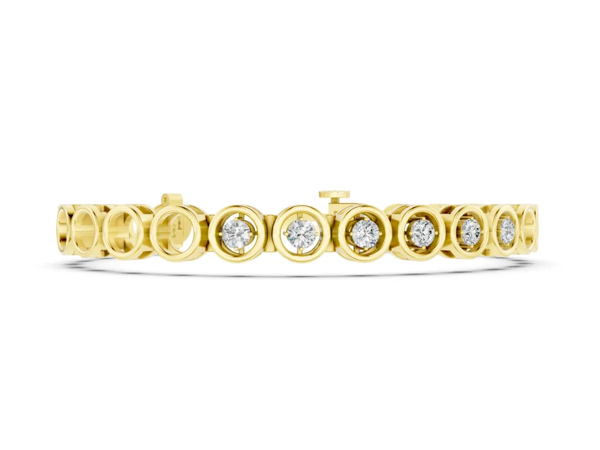 Round Diamond Bezel Tennis Bracelet Set in Yellow gold with Open Circle Band