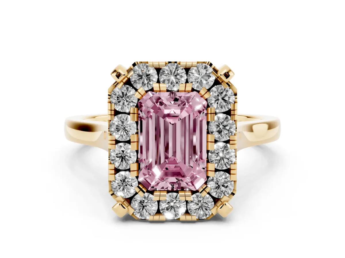 Fancy Pink Emerald Cut Diamond Cluster Halo Solitaire Ring Set in Yellow gold with Prong Setting