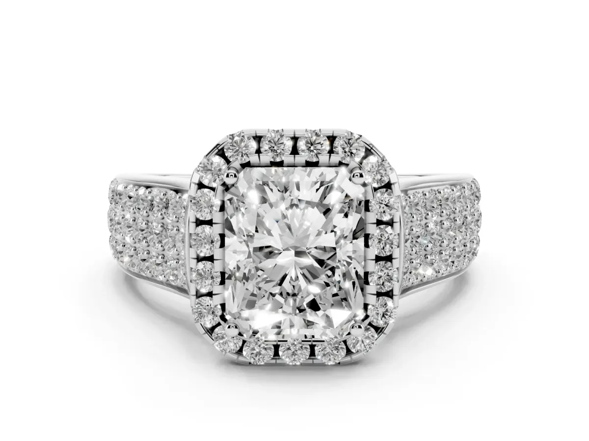 Radiant Cut Diamond Halo Ring Set in Platinum with Pavé Band and Raised Center Setting